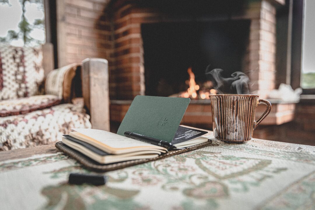 Cup in front of fireplace