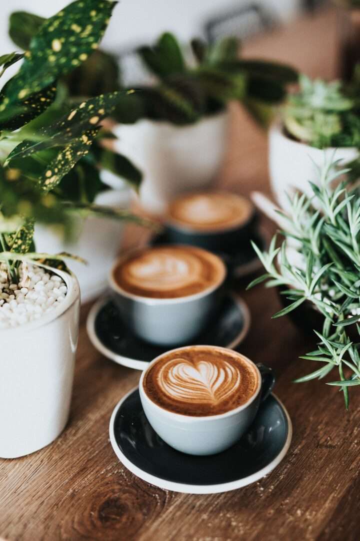 Kaffeetassen auf Tisch mit Pflanzen