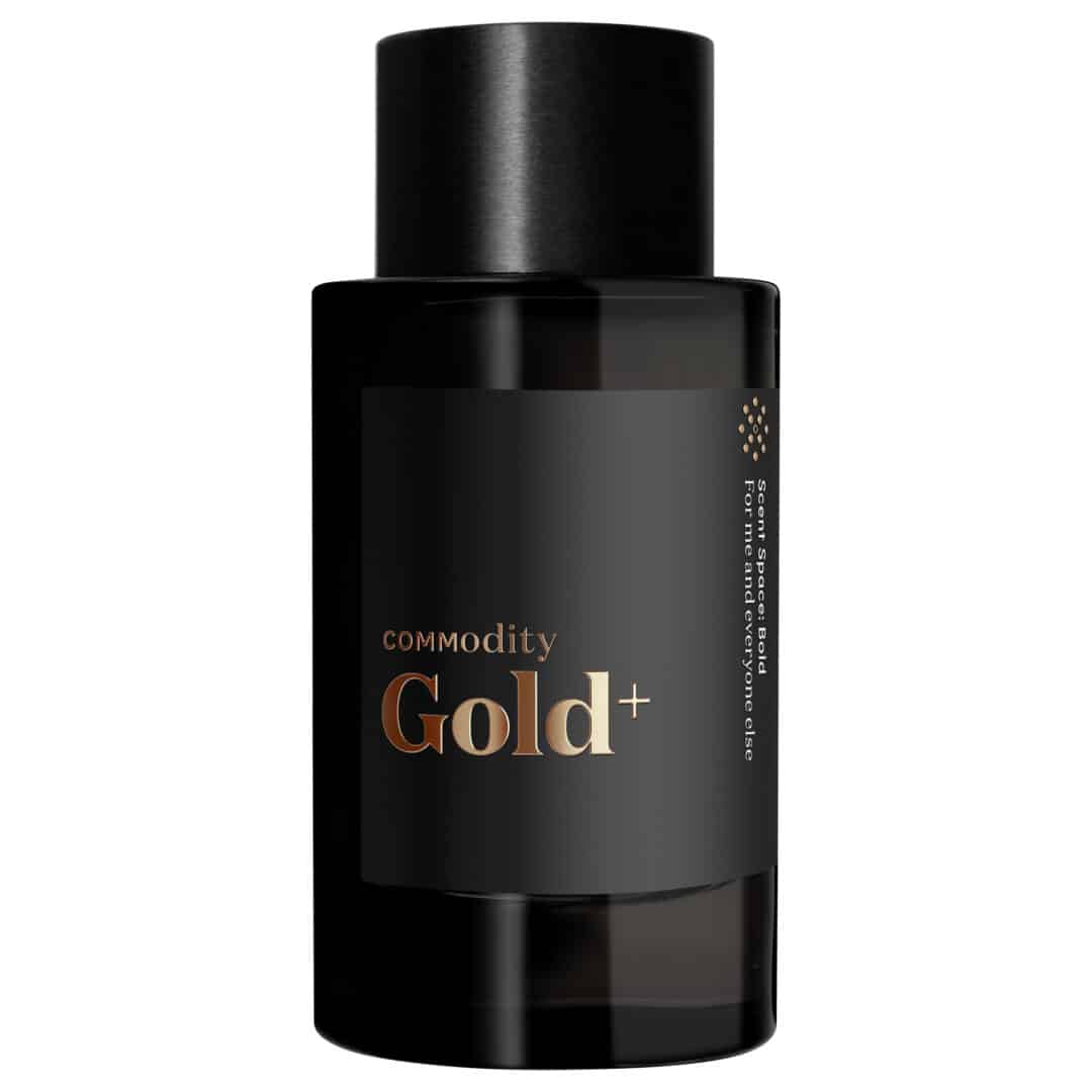 Commodity Gold Parfum Bold – schwarzer Flakon mit bronzefarbener Schrift, intensive Gourmand-Variante