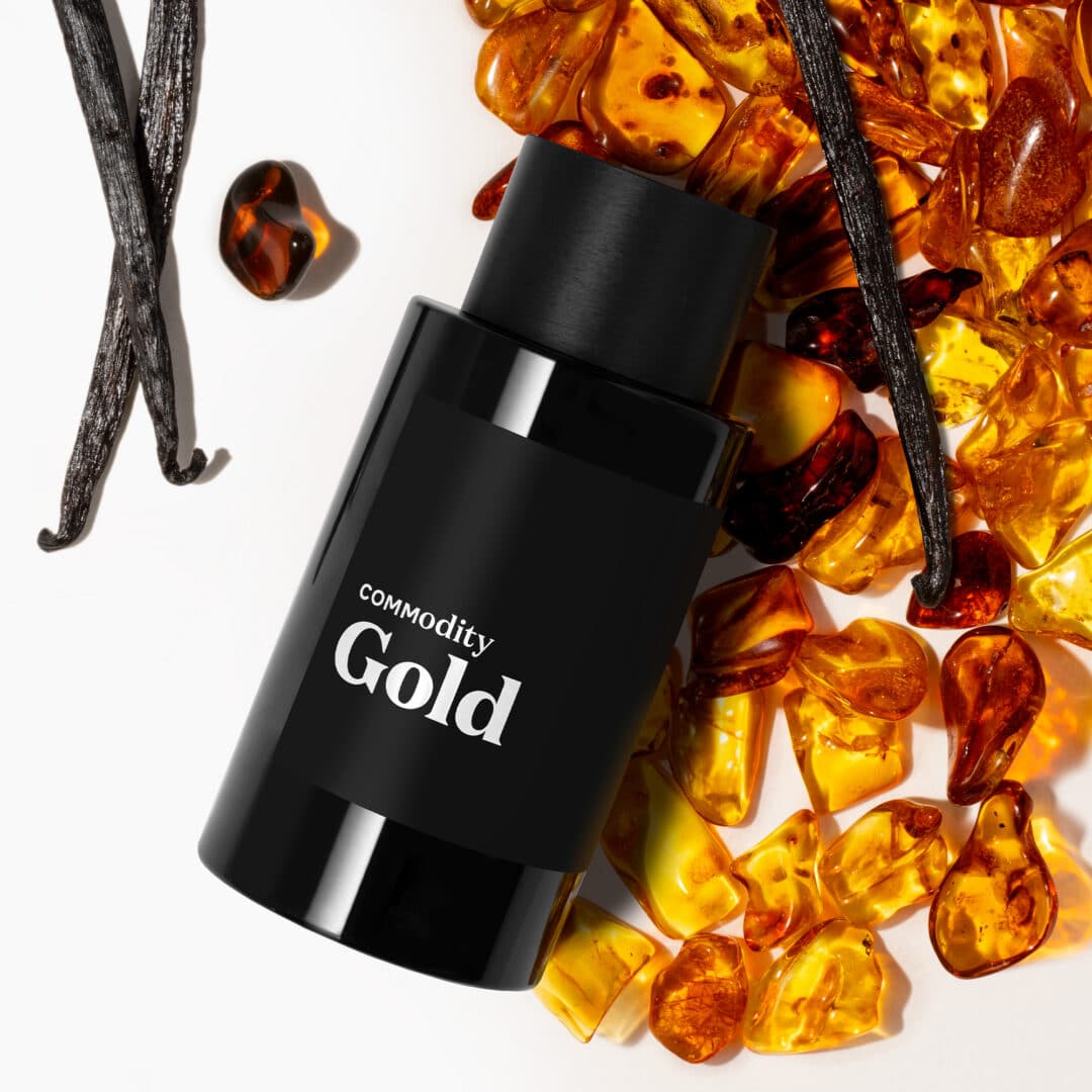 Commodity Gold Parfum Expressive – schwarzer Flakon mit Vanilleschoten und Ambersteinen, elegante Alltagsvariante
