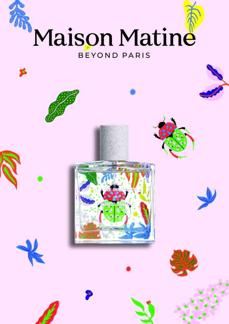The Maison Matine Nature Insolente perfume bottle from the Refresh Collection against a pink background. The bottle features a colorful beetle illustration that stands for adaptability and the power of nature. 