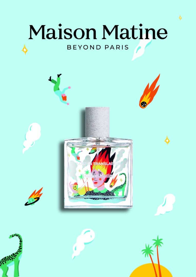 The Maison Matine Lost in Translation perfume bottle from the Refresh Collection against a light blue background. The colorful illustration on the glass shows a figure with flaming hair, palm trees and cosmic symbols - a symbol of disorientation and new beginnings. 