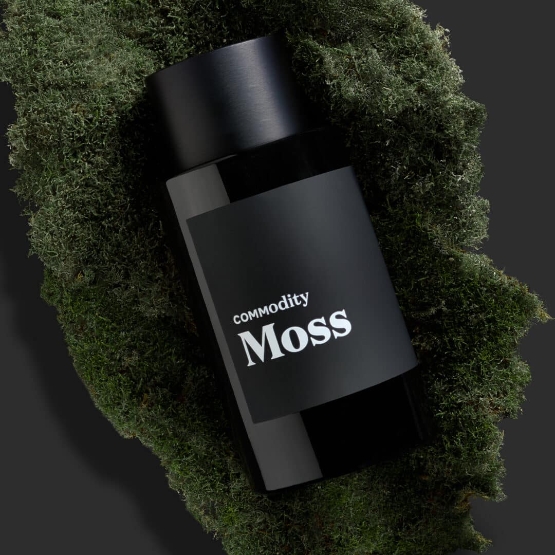 Der schwarze Flakon von Commodity Moss liegt auf grünem Moos. Das Bild unterstreicht den Charakter des Parfums, das für frische, erdige und naturverbundene Noten steht.