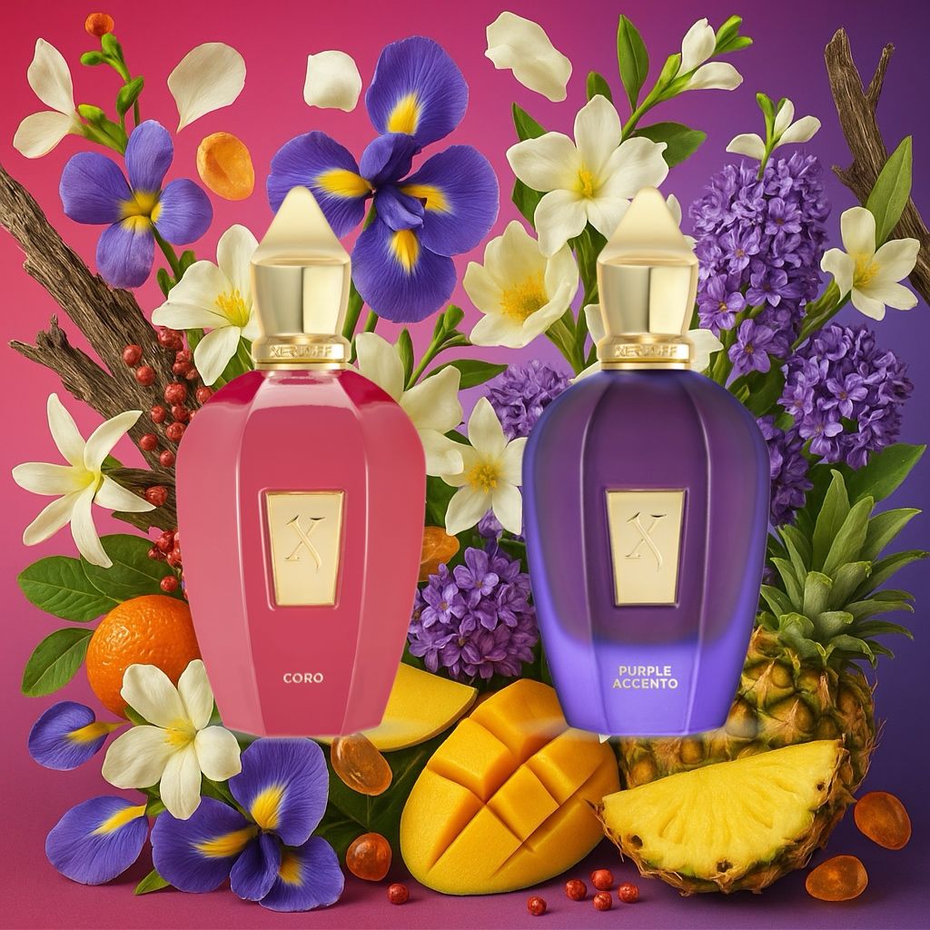 Xerjoff Coro und Purple Accento Flakons vor einem Hintergrund aus tropischen Früchten, Iris- und Jasminblüten, Mango und Ananas – Teil der Vibe Collection.