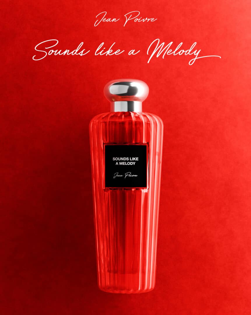 Jean Poivre Sounds like a Melody – roter Parfumflakon auf rotem Hintergrund