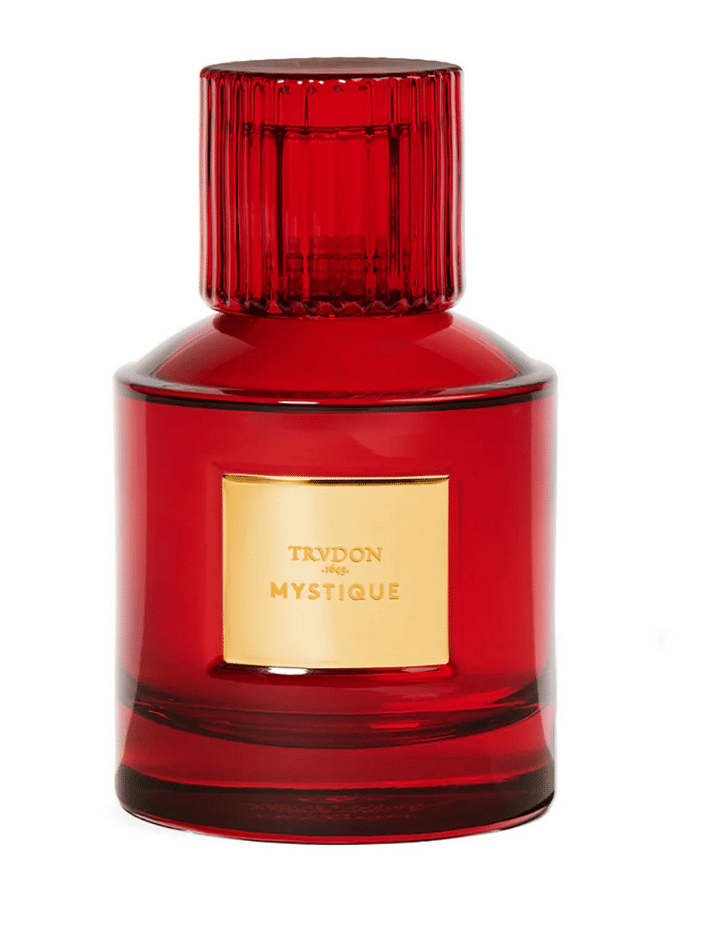 Red Trudon Mystique perfume bottle with gold lettering, part of the Nuit Rouge Collection by Trudon.