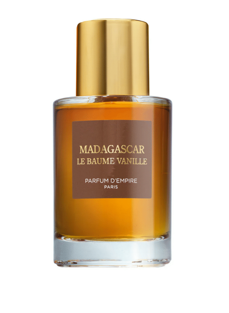Flakon von Madagascar Le Baume Vanille von Parfum d’Empire – goldene Kappe, bernsteinfarbene Flüssigkeit, minimalistisches Design auf weißem Hintergrund.