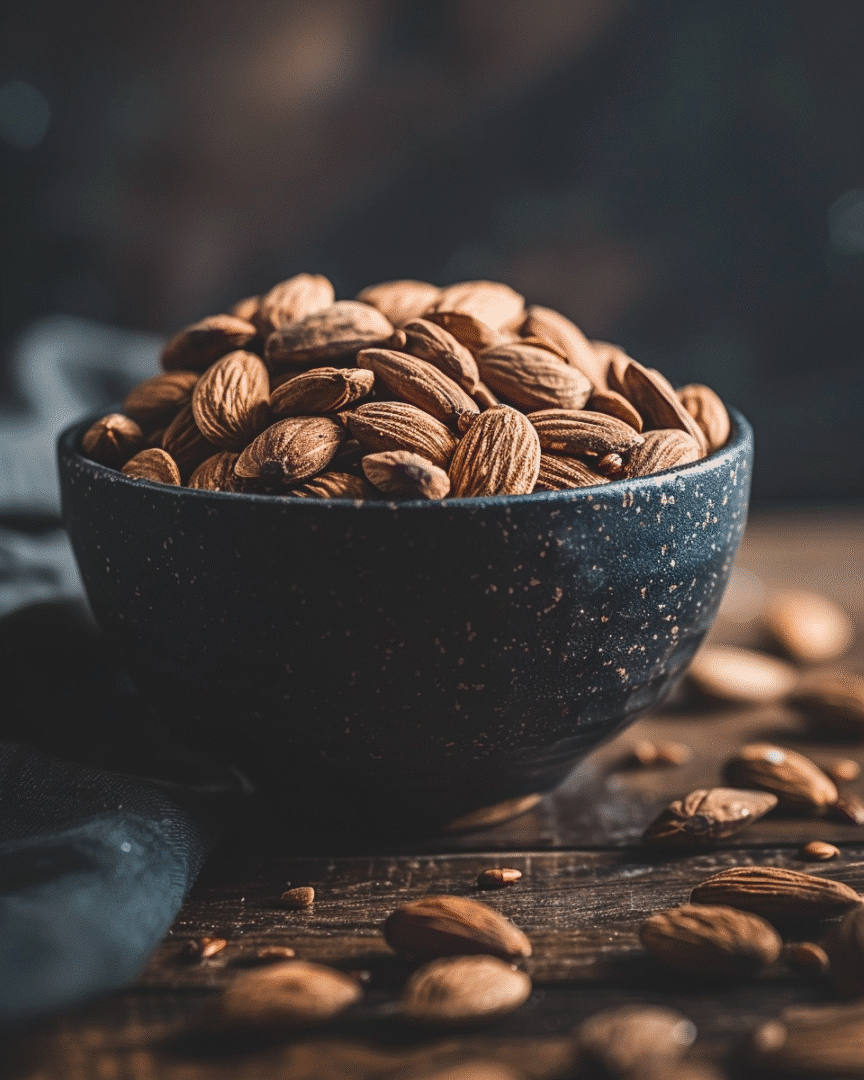 Pizzuta-Mandeln in einer dunklen Keramikschale auf einem rustikalen Holztisch, mit weichem, warmem Licht und einzelnen Mandeln, die locker verstreut liegen.