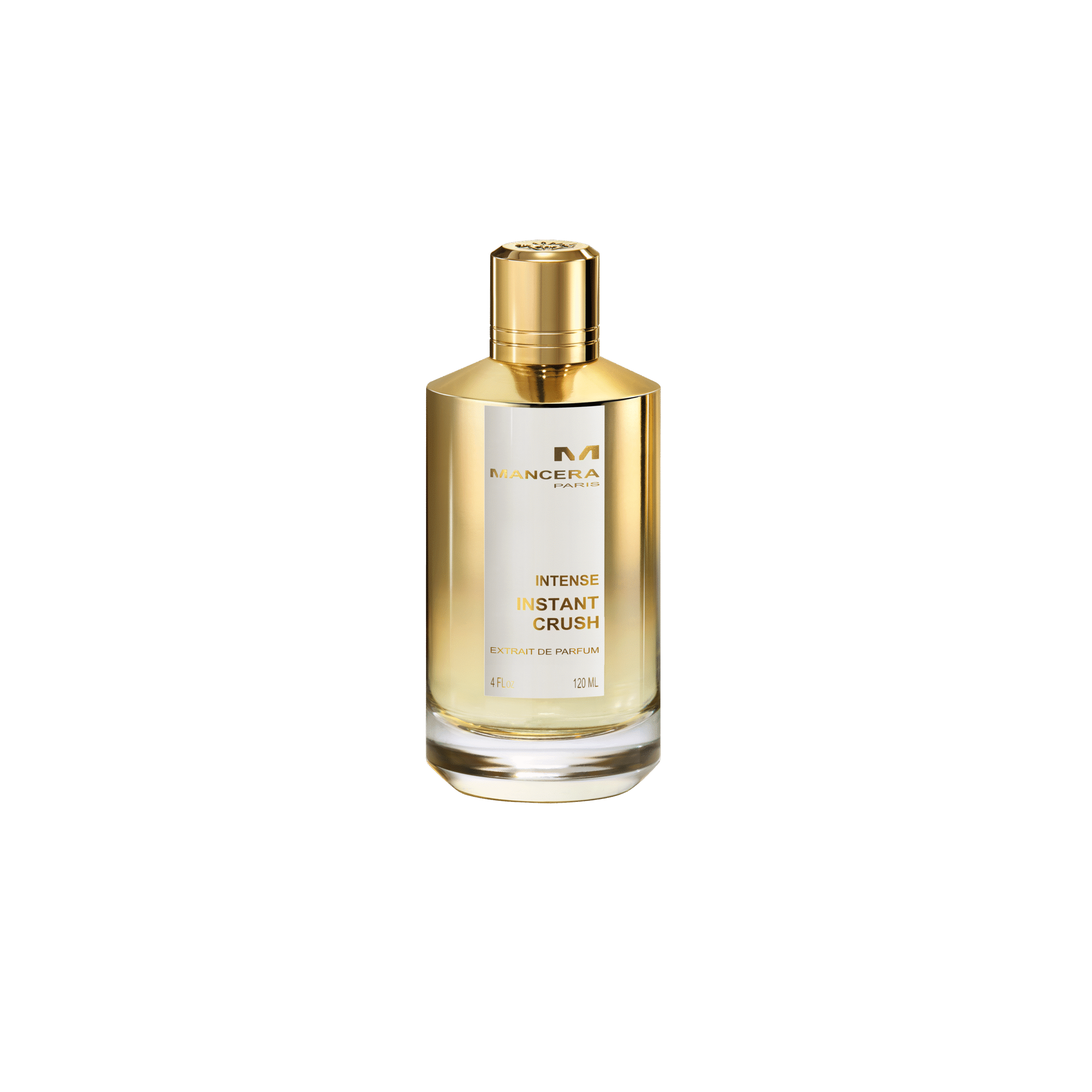 Flakon von Mancera Intense Instant Crush – luxuriöses Extrait de Parfum in goldschimmerndem Design mit transparentem Glas und goldener Kappe.