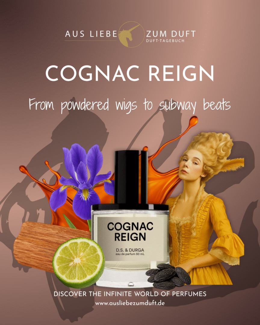 Baroque woman in a golden dress next to the perfume Cognac Reign by D.S. &amp; Durga - composition of vanilla, lime, iris and woody notes against a modern background.