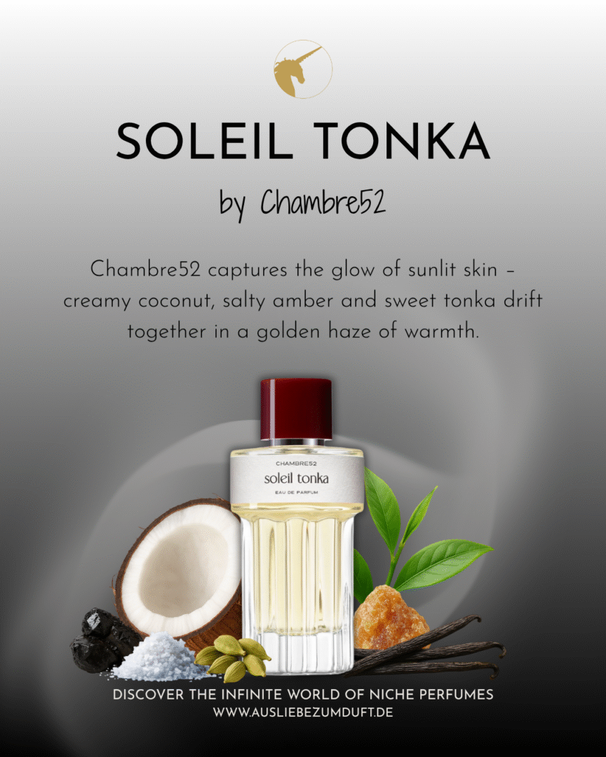 Soleil Tonka von Chambre52 – Flakon mit Kokosnuss, Tonkabohne, Ambra, Kardamom und Meersalz vor modernem, grauem Hintergrund mit Textbeschreibung.