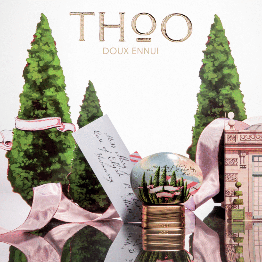 Product shot of Doux Ennui by THoO: the artistically designed bottle with cypress illustration stands on a reflective background, surrounded by pink satin ribbon, cut cypress topiaries and a letter motif that echoes the playful aesthetic of the Crazy Collection.