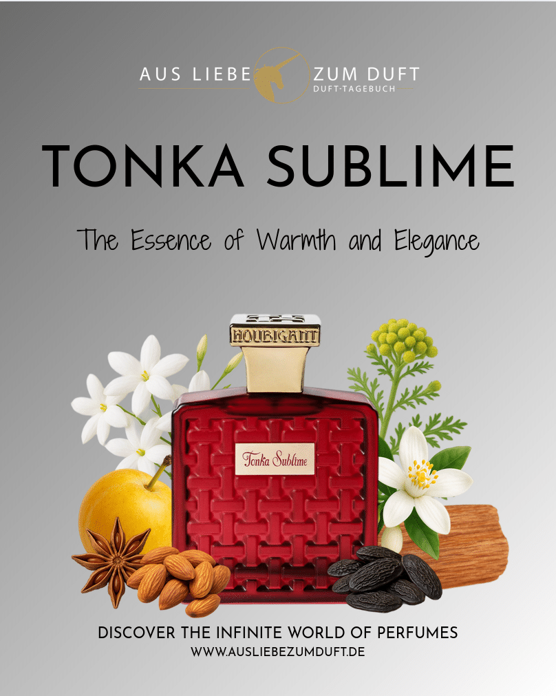 Bottle of Tonka Sublime by Houbigant surrounded by tonka beans, almonds, star anise, sandalwood and white flowers. Luxurious perfume from the Les Ambres Collection, presented by Aus Liebe zum Duft.