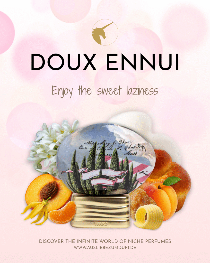 Key visual for Doux Ennui by THoO: the opulently designed bottle in front of delicate pastel circles, surrounded by apricot, mandarin, ylang-ylang, brioche and a butter curl as an allusion to the gourmet fragrance composition.