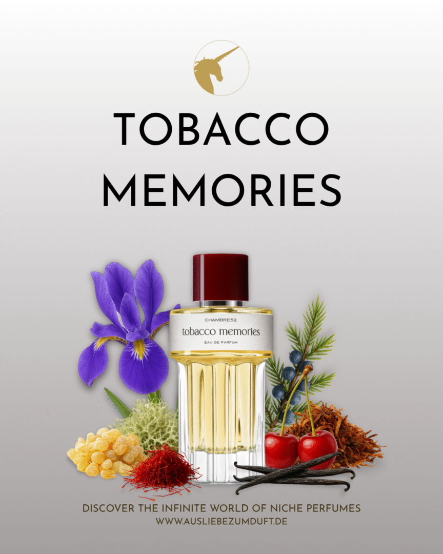 Flakon von Tobacco Memories von Chambre52, umgeben von Iris, Weihrauch, Safran, Wacholderbeeren, Tabak, Vanilleschoten und Kirschen, auf hellem Hintergrund