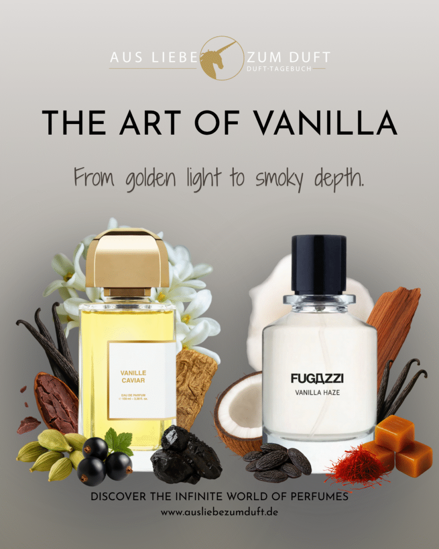 Zwei Flakons – Vanille Caviar von BDK Parfums und Vanilla Haze Extrait von Fugazzi – auf hellem Hintergrund mit Vanilleschoten, Kardamom, Tonkabohnen, Karamell und Kokosnuss. Text: The Art of Vanilla – From golden light to smoky depth.