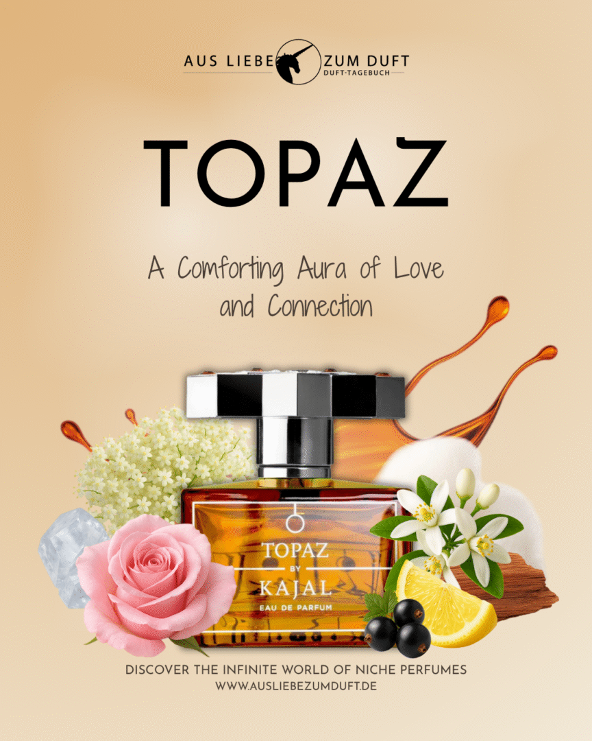 Flakon von Topaz by Kajal vor einem warmen beige-goldenen Hintergrund, umgeben von Holunderblüten, Rose, Zitrone, Schwarzer Johannisbeere, Orangenblüten und cremigen gourmandigen Akzenten. Überschrift „Topaz – A comforting aura of love and connection“ mit ALZD-Branding.