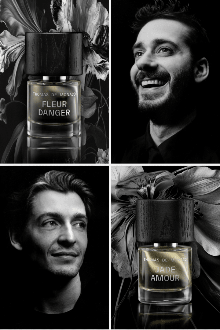 Collage aus vier Motiven der Artist Collection von Thomas de Monaco: die Düfte Fleur Danger und Jade Amour sowie Porträts der Parfümeure Ugo Charron und David Chieze.