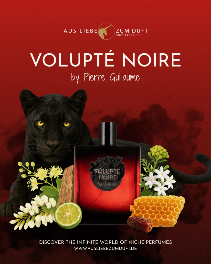 Flakon von Volupté Noire von Pierre Guillaume vor tiefrotem Hintergrund, flankiert von einem schwarzen Panther sowie Zutaten wie Akazienblüten, Limette, Dattel, Lindenblüten, Holz und Honigwabe.