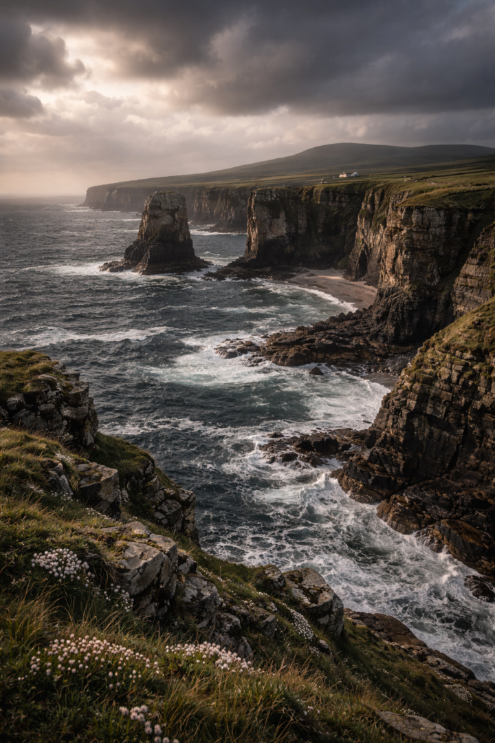 Rauhe Steilküste der Orkney-Inseln mit hohen Klippen, Brandung und dunklem Himmel