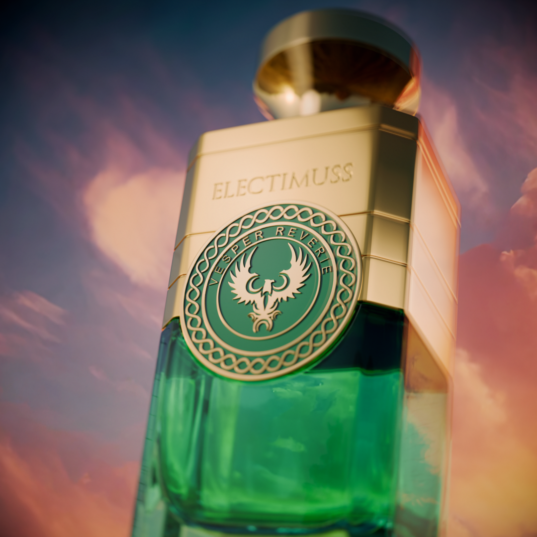Electimuss Vesper Reverie – ikonischer Flakon in Nahaufnahme, inszeniert vor leuchtender Abendstimmung Electimuss Vesper Reverie – Detailaufnahme des grünen Parfumflakons mit goldenem Verschluss und Emblem vor dramatisch gefärbtem Abendhimmel