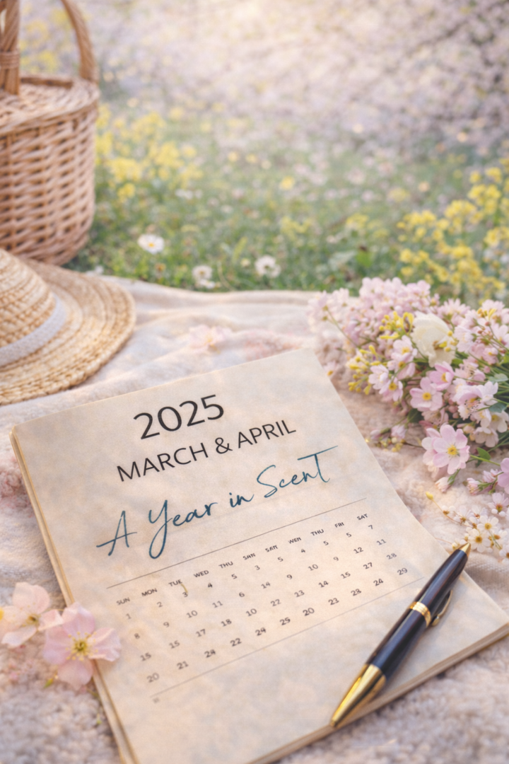 Frühlingshafte Stillleben-Szene mit Kalender „2025 – March & April – A Year in Scent“, umgeben von zarten Blüten, Knospen und hellem Tageslicht – Jahresrückblick Duftjahr 2025