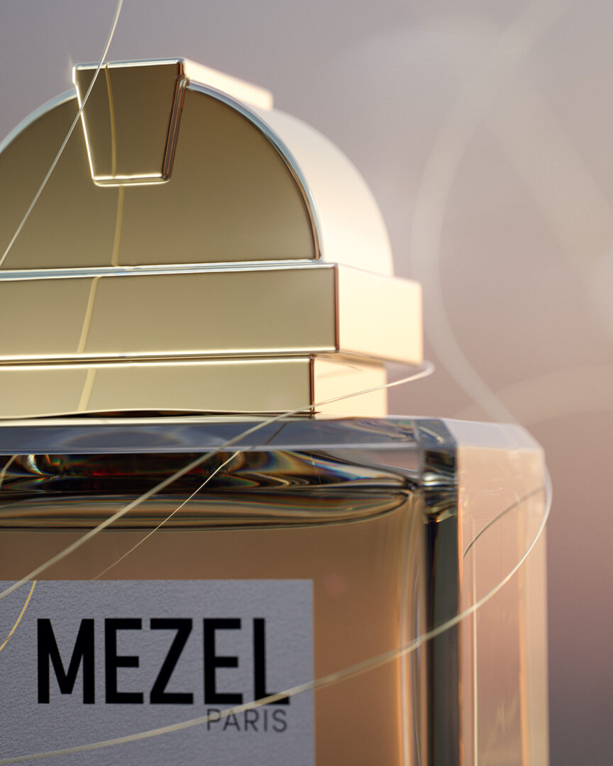 Close-up of the MEZEL Paris perfume bottle with golden cap, curved architectural shape and fine golden threads against a light background.