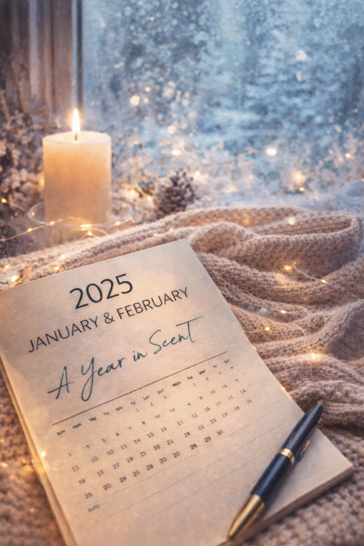Winterliches Stillleben mit Kalenderblatt „2025 – January & February – A Year in Scent“, Kerze, Lichterkette und Strickdecke vor verschneitem Fenster