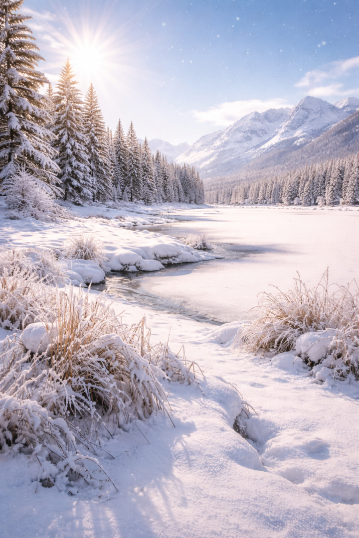 Snowy winter landscape with a frozen lake, snow-covered fir trees and mountains in the background, under a clear sky with a low sun.