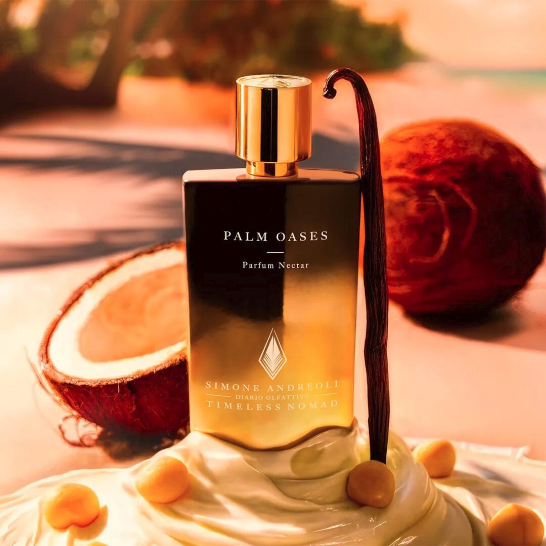Palm Oases by Simone Andreoli - perfume bottle with coconut, vanilla and creamy texture on a tropical beach