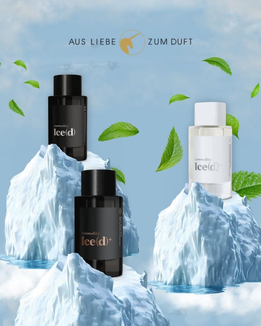 Commodity Ice(d) Düfte in drei Varianten auf stilisierten Eisbergen, umgeben von frischen grünen Blättern vor hellblauem Hintergrund