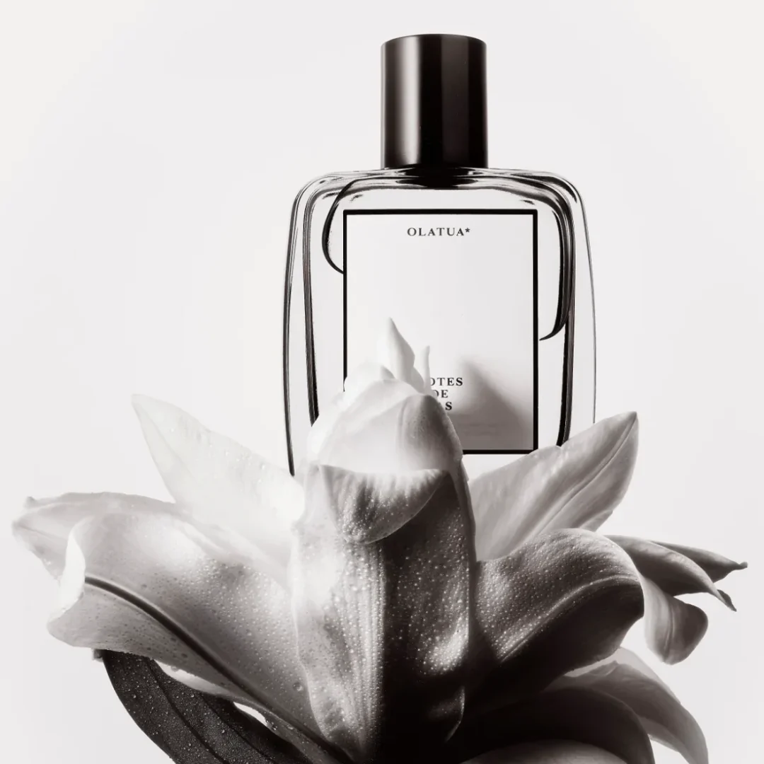 Olatua Parfum von Notes de Bas de Paje mit floraler Inszenierung Olatua von Notes de Bas de Paje als Parfumflakon mit weißer Blüte im Vordergrund