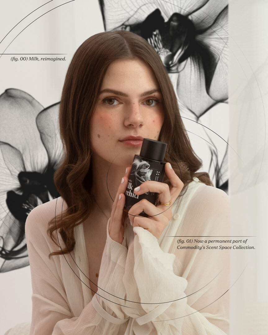 Emma from perfumerism holds the fragrance Milk Orchid by Commodity in her hands, against a floral background in black and white, a soft, milky aesthetic