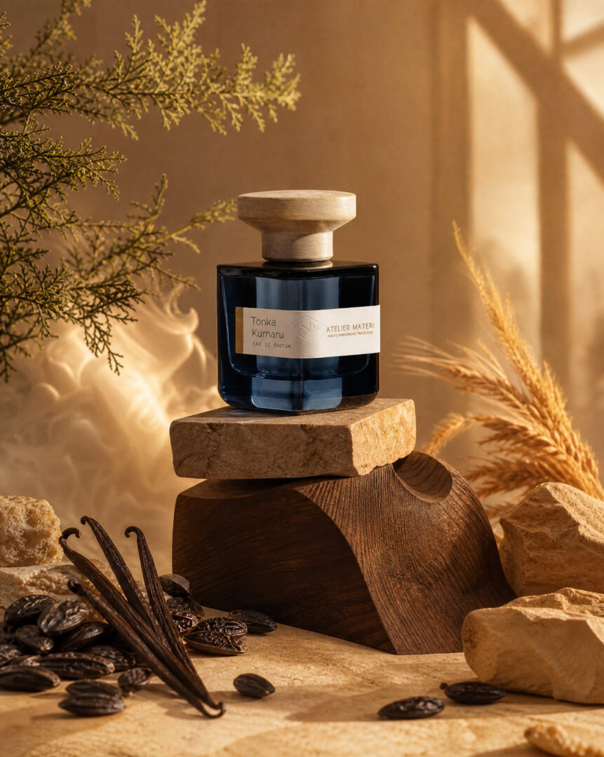 Atelier Materi Tonka Kumaru Eau de Parfum auf einem Arrangement aus Naturstein und dunklem Holz. Umgeben von Tonkabohnen, Vanilleschoten und Getreideähren in warmem, goldenem Licht mit weichen Schatten und luxuriöser, natürlicher Atmosphäre.