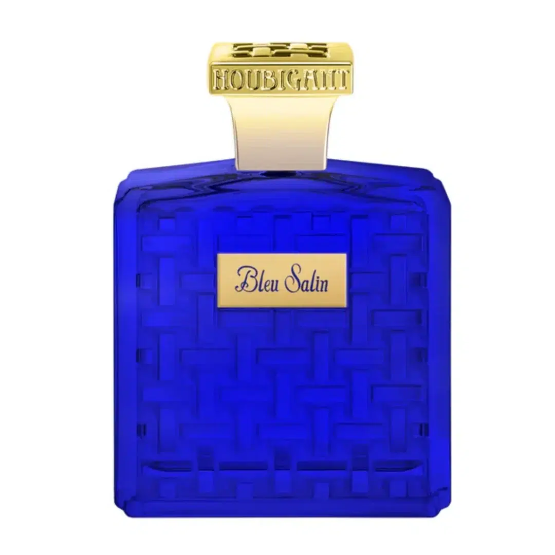 Houbigant Bleu Salin Eau de Parfum – kobaltblauer Flakon mit goldfarbenem Verschluss und Etikett auf weißem Hintergrund.
