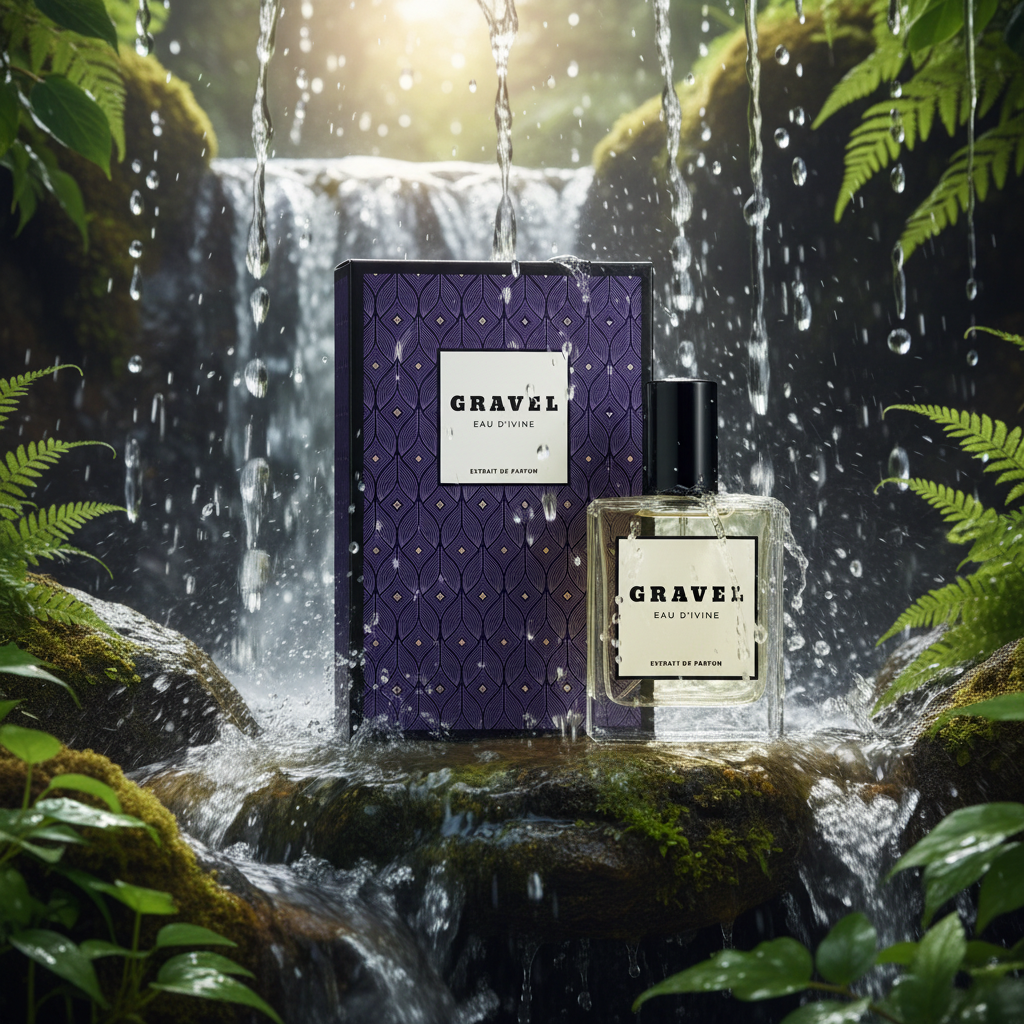 GRAVEL Eau D'Ivine Extrait de Parfum mit Verpackung auf moosbewachsenen Felsen vor einem Wasserfall, umgeben von Farnen, fließendem Wasser und üppiger Natur.