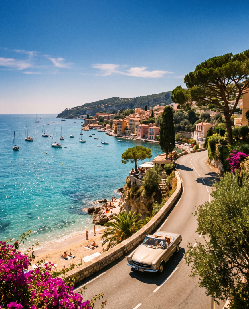 A Mediterranean coastal road on the Côte d'Azur with turquoise-blue waters, sailboats, and convertibles—inspiration for summer fragrances and niche perfumes.