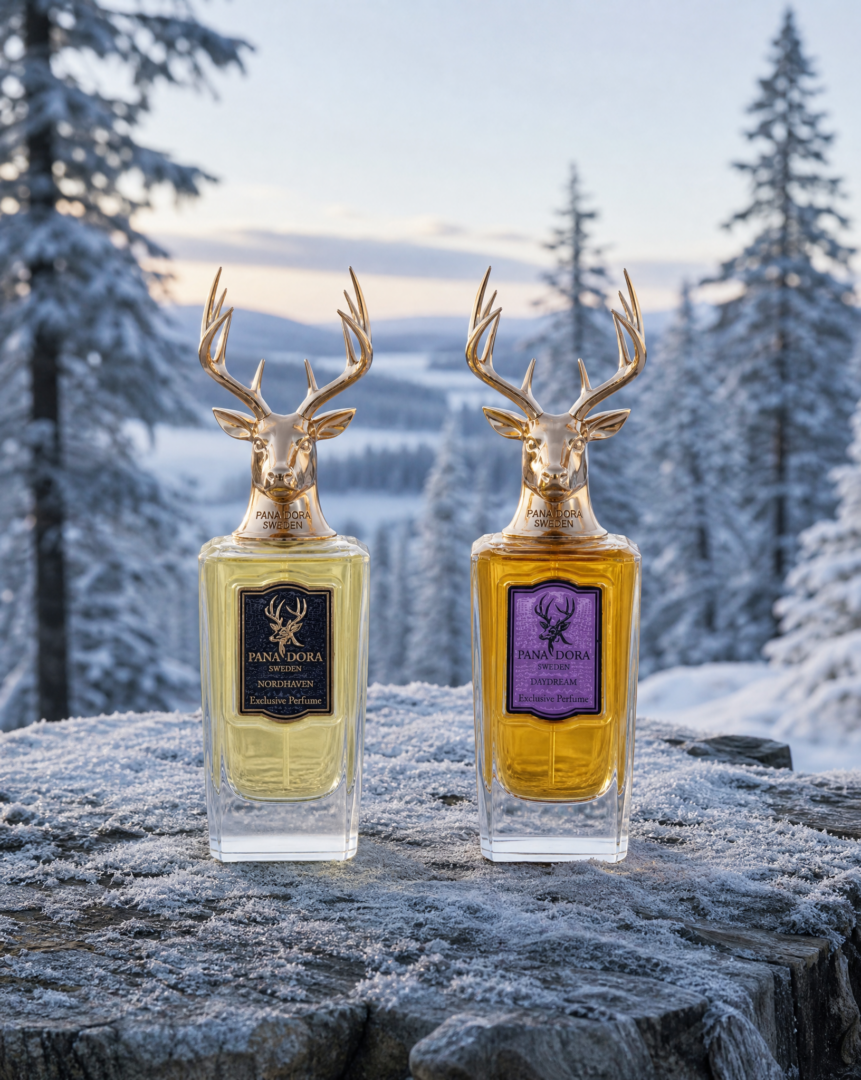 The fragrances "Daydream" and "Nordhaven" by Pana Dora Sweden on a snow-covered rock set against a wintry Swedish landscape with frost-covered fir trees and soft morning light.