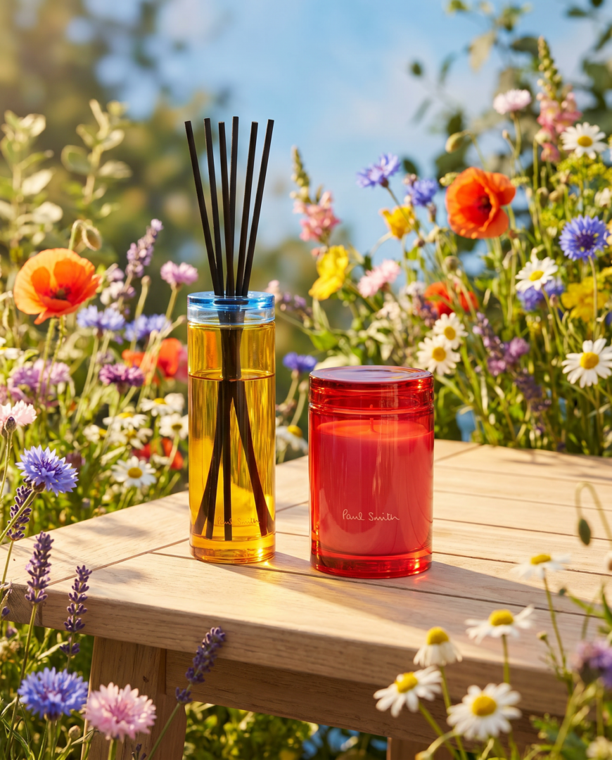 Paul-Smith-Duftkerze Rose und Diffusor Daydreamer auf einem Holztisch vor einer sommerlichen Blumenwiese mit bunten Wildblumen im Sonnenlicht.