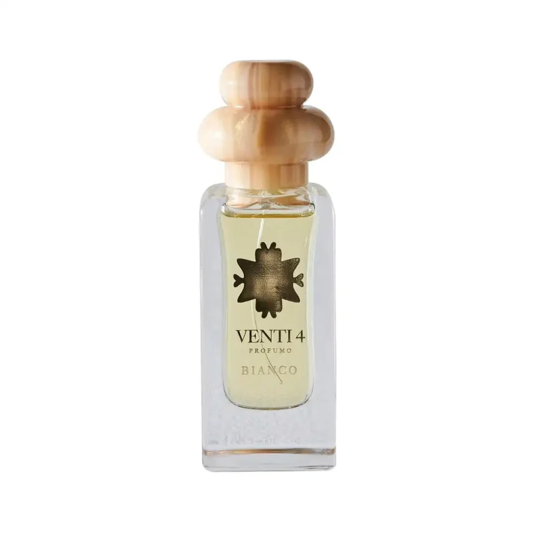 Venti4 Bianco – transparenter Parfumflakon mit hellgoldenem Duft und skulpturalem, beigefarbenem Verschluss.