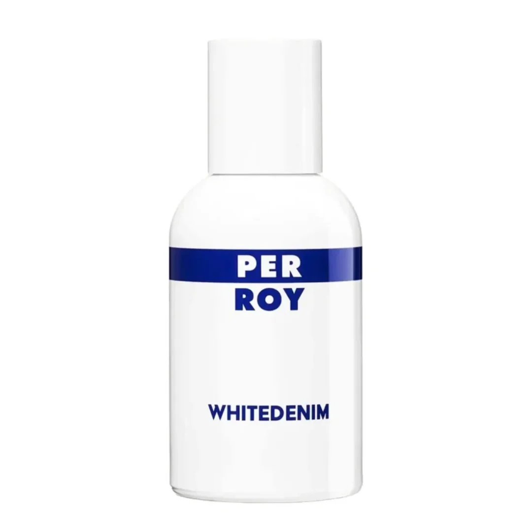 Perroy Parfum White Denim – weißer Parfumflakon mit blauer Beschriftung und minimalistischem Design.
