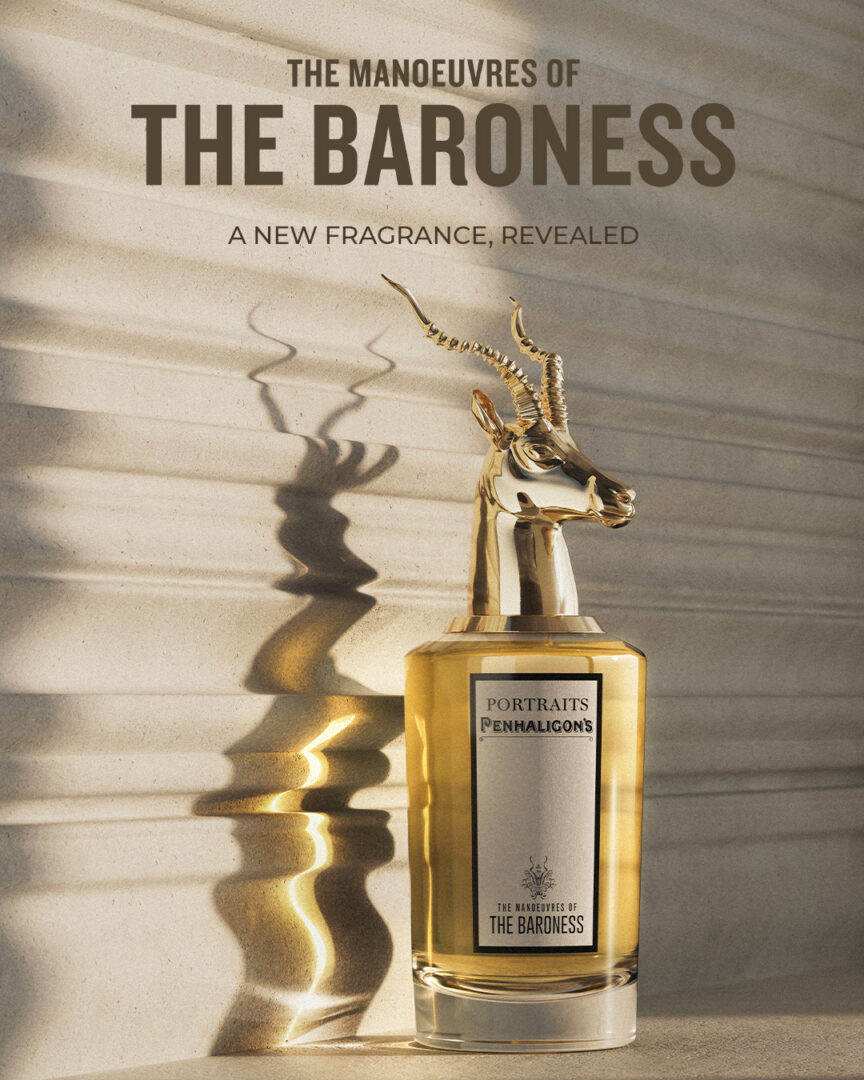 Flakon von The Manoeuvres of the Baroness von Penhaligon’s mit goldenem Antilopenkopf vor heller Wand mit markantem Schattenwurf.