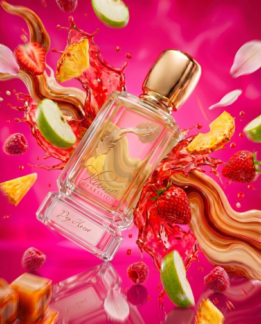 Flakon von Plume Impression Pop Heart vor pinkfarbenem Hintergrund, umgeben von Erdbeeren, Himbeeren, Ananas, grünem Apfel und Blütenblättern.